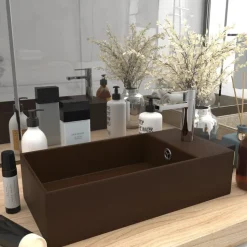 vidaXL Badezimmer-Waschbecken mit Überlauf Keramik Dunkelbraun