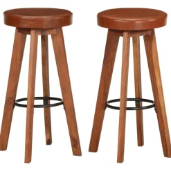 vidaXL Barhocker 2 Stk. Echtleder und Akazien-Massivholz Dunkelbraun New