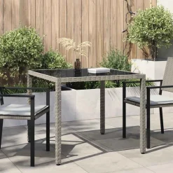 vidaXL Gartentisch 90x90x75 cm Gehärtetes Glas Poly Rattan Grau
