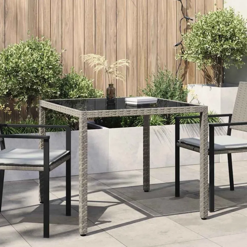 vidaXL Gartentisch 90x90x75 cm Gehärtetes Glas Poly Rattan Grau