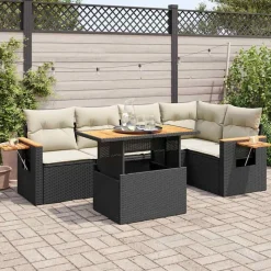 vidaXL 6-tlg. Garten-Sofagarnitur mit Kissen Schwarz Poly Rattan