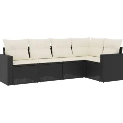 vidaXL 5-tlg. Garten-Sofagarnitur mit Kissen Schwarz Poly Rattan Schwarz und Creme Sale