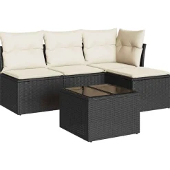 vidaXL 5-tlg. Garten-Sofagarnitur mit Kissen Schwarz Poly Rattan Schwarz und Creme