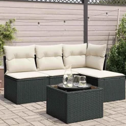 vidaXL 5-tlg. Garten-Sofagarnitur mit Kissen Schwarz Poly Rattan Schwarz und Creme