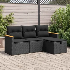 vidaXL 4-tlg. Garten-Sofagarnitur mit Kissen Schwarz Poly Rattan