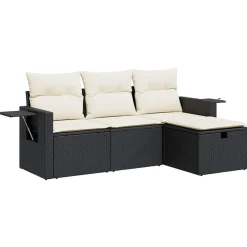 vidaXL 4-tlg. Garten-Sofagarnitur mit Kissen Schwarz Poly Rattan Schwarz und Creme