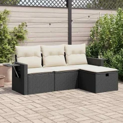vidaXL 4-tlg. Garten-Sofagarnitur mit Kissen Schwarz Poly Rattan Schwarz und Creme