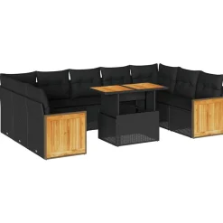 vidaXL 10-tlg. Garten-Sofagarnitur mit Kissen Poly Rattan Schwarz Clearance