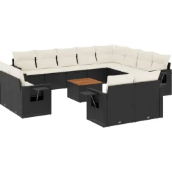 vidaXL 13-tlg. Garten-Sofagarnitur mit Kissen Schwarz Poly Rattan Schwarz und Creme Outlet