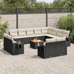 vidaXL 13-tlg. Garten-Sofagarnitur mit Kissen Schwarz Poly Rattan Schwarz und Creme Outlet