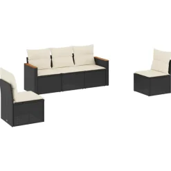 vidaXL 5-tlg. Garten-Sofagarnitur mit Kissen Schwarz Poly Rattan Schwarz und Creme Best