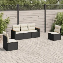 vidaXL 5-tlg. Garten-Sofagarnitur mit Kissen Schwarz Poly Rattan Schwarz und Creme Best