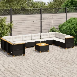vidaXL 11-tlg. Garten-Sofagarnitur mit Kissen Schwarz Poly Rattan