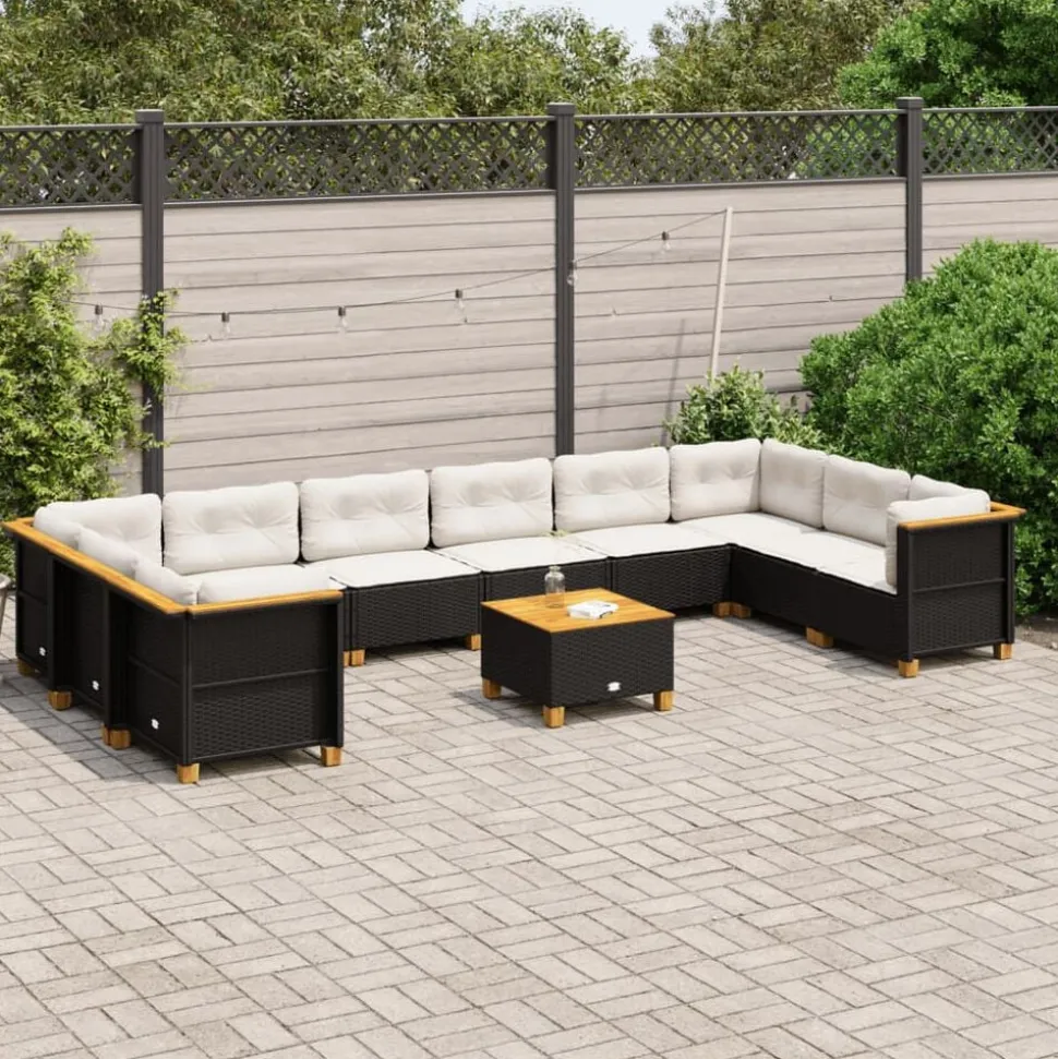 vidaXL 11-tlg. Garten-Sofagarnitur mit Kissen Schwarz Poly Rattan