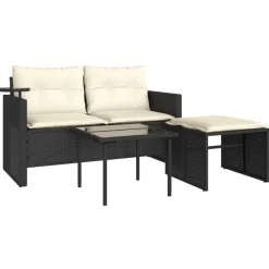 vidaXL 3-tlg. Garten-Sofagarnitur mit Kissen Schwarz Poly Rattan