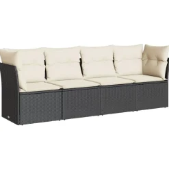 vidaXL 4-tlg. Garten-Sofagarnitur mit Kissen Schwarz Poly Rattan Schwarz und Creme Best