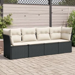 vidaXL 4-tlg. Garten-Sofagarnitur mit Kissen Schwarz Poly Rattan Schwarz und Creme Best