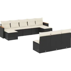 vidaXL 10-tlg. Garten-Sofagarnitur mit Kissen Schwarz Poly Rattan Schwarz und Creme Clearance