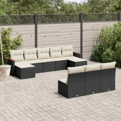 vidaXL 10-tlg. Garten-Sofagarnitur mit Kissen Schwarz Poly Rattan Schwarz und Creme Clearance